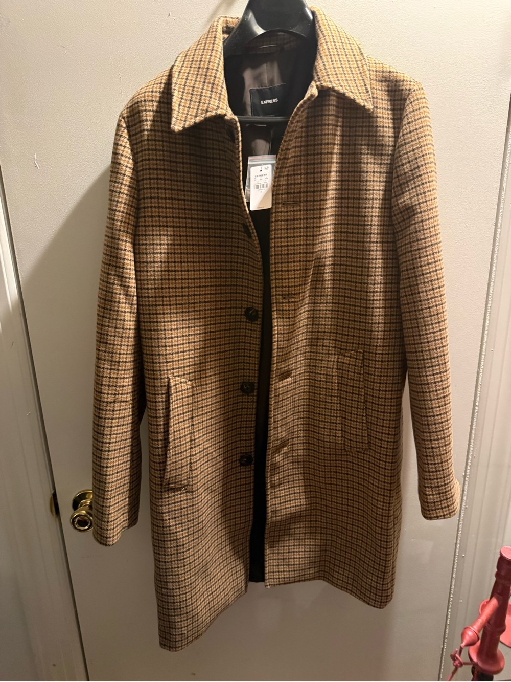 Tan Plaid Single-Breasted Wool Blend Topcoat
